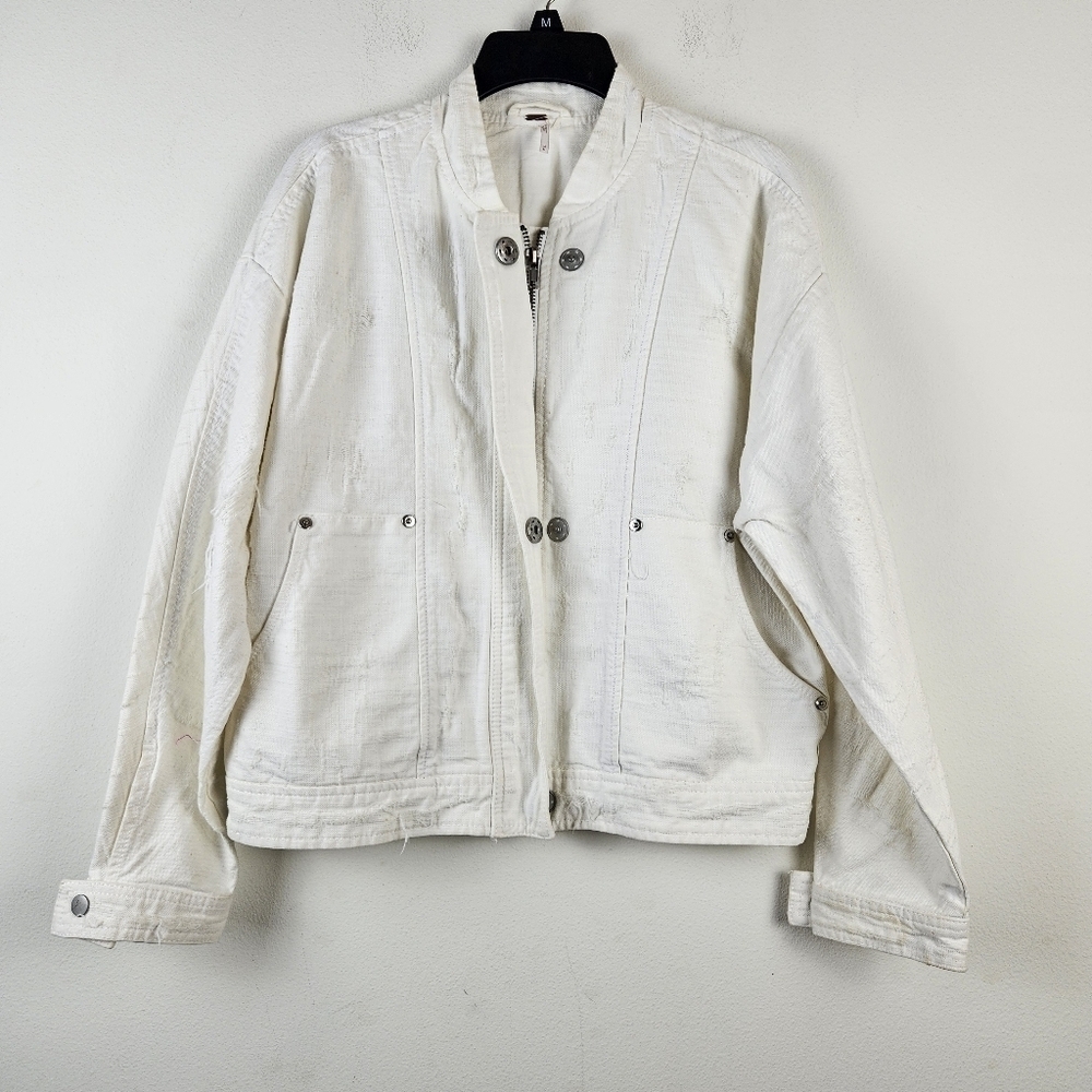 Free People OB407552 White Distressed Tennis Denim Jacket M Boho - Picture 3 of 9
